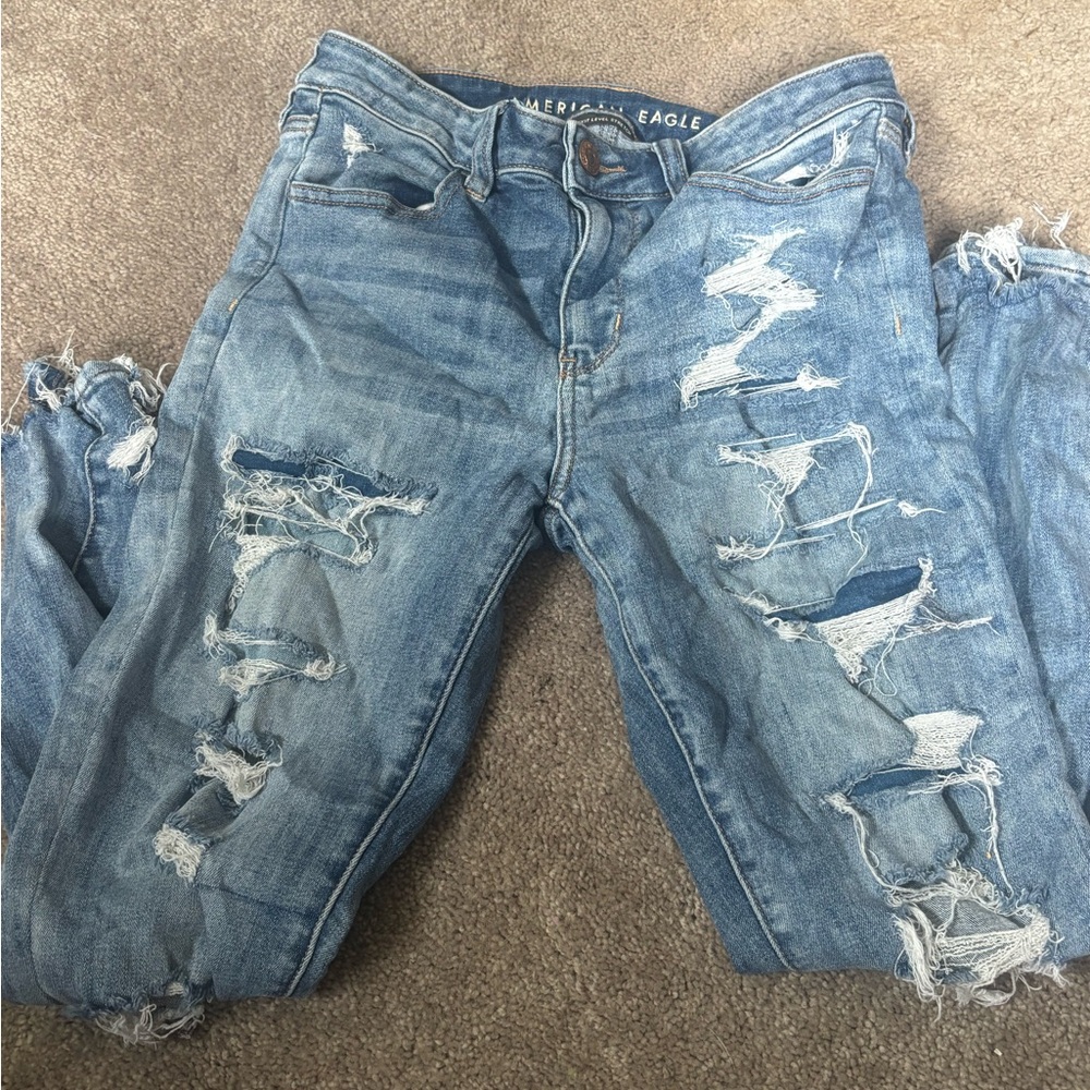 American Eagle Outfitters Blue Distressed Straight Leg Jeans